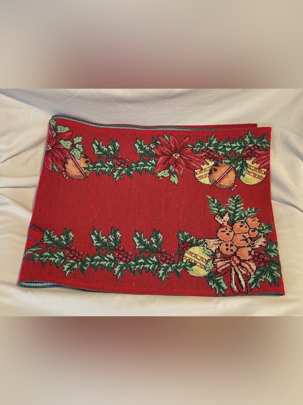 Christmas Tapestry Table Runner~ Poinsettias & Christmas Ornaments ~ 72"X 14"